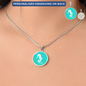Dainty Sea Horse Circle Necklace, Turquoise Personalized Engraved Circle Necklace. Polished surgical steel or with an 18k gold finish option. Necklace: 18-22" adjustable.
Circle Pendant: 0.9” x 0.9” (23.5mm x 23.5mm)