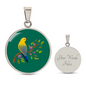 Colourful Bird Personalized Engraved Circle Necklace on emerald green background. Polished surgical steel or with an 18k gold finish option. Necklace: 18-22" adjustable.
Circle Pendant: 0.9” x 0.9” (23.5mm x 23.5mm)