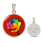 Rainbow Rose Graphic Necklace. A rainbow rose symbolises joy, diversity, and hope. Because of its vibrant mix of colours, it represents happiness, positivity, and inclusivity. Our patent-pending jewellery is made of high quality surgical steel or with an 18k gold finish option. Perfect Gift For:
Birthdays & Anniversaries
Pride Celebrations
Mother’s Day & Valentine’s Day
Someone who brightens your life!