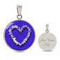 Violet Birth Flower February Graphic Epoxy Disc Necklace. Clear shiny epoxy shows purple and white violets in the shape of a heart on a Purple background. The jewellery is made of high quality surgical steel or with an 18k gold finish option with an option to engrave a short love you message or special date. Luxury Necklace: 18-22" (45-56cm) adjustable
Circle Pendant: 0.9” x 0.9” (23.5mm x 23.5mm)