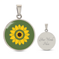 Summer Sunflower on dill green background disc Necklace, Personalized Engraved Circle Necklace. Polished surgical steel or with an 18k gold finish option. Necklace: 18-22" adjustable.
Circle Pendant: 0.9” x 0.9” (23.5mm x 23.5mm)