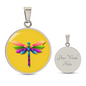 Colourful Dragonfly Graphic Personalised Engraved Disc Necklace on yellow butter background. Polished surgical steel or with an 18k gold finish option. Necklace: 18-22" adjustable.
Circle Pendant: 0.9” x 0.9” (23.5mm x 23.5mm)