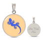 Electric Blue Gecko Graphic Personalised Engraved Disc Necklace on light caramel background. Polished surgical steel or with an 18k gold finish option. Necklace: 18-22" adjustable.
Circle Pendant: 0.9” x 0.9” (23.5mm x 23.5mm)
