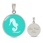 Dainty Sea Horse Circle Necklace, Turquoise Personalized Engraved Circle Necklace. Polished surgical steel or with an 18k gold finish option. Necklace: 18-22" adjustable.
Circle Pendant: 0.9” x 0.9” (23.5mm x 23.5mm)