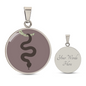 Cinnamon Slate Snake Round Disc Necklace, Personalized Engraved Circle Necklace. Polished surgical steel or with an 18k gold finish option. Necklace: 18-22" adjustable.
Circle Pendant: 0.9” x 0.9” (23.5mm x 23.5mm)