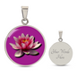 Water Lily Birth Flower July Graphic Epoxy Disc Necklace. Clear shiny epoxy shows a light pink petal flower on a darker pink background. The jewellery is made of high quality surgical steel or with an 18k gold finish option with an option to engrave a short love you message or special date. Luxury Necklace: 18-22" (45-56cm) adjustable
Circle Pendant: 0.9” x 0.9” (23.5mm x 23.5mm)