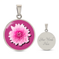 Chrysanthemums Birth Flower November Graphic Epoxy Disc Necklace. Clear shiny epoxy shows a two tone light pink petal flower on a darker pink background. The jewellery is made of high quality surgical steel or with an 18k gold finish option with an option to engrave a short love you message or special date. Luxury Necklace: 18-22" (45-56cm) adjustable
Circle Pendant: 0.9” x 0.9” (23.5mm x 23.5mm)