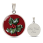 Holly Birth Flower December Graphic Epoxy Disc Necklace. Clear shiny epoxy shows a red berry on green spikey leaf with a darker red background. The jewellery is made of high quality surgical steel or with an 18k gold finish option with an option to engrave a short love you message or special date. Luxury Necklace: 18-22" (45-56cm) adjustable
Circle Pendant: 0.9” x 0.9” (23.5mm x 23.5mm)