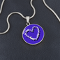 Violet Birth Flower February Graphic Epoxy Disc Necklace. Clear shiny epoxy shows purple and white violets in the shape of a heart on a Purple background. The jewellery is made of high quality surgical steel or with an 18k gold finish option with an option to engrave a short love you message or special date. Luxury Necklace: 18-22" (45-56cm) adjustable
Circle Pendant: 0.9” x 0.9” (23.5mm x 23.5mm)