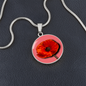 Poppy Birth Flower August Graphic Epoxy Disc Necklace. Clear shiny epoxy shows a red petal flower with a dark canter on a lighter pink background. The jewellery is made of high quality surgical steel or with an 18k gold finish option with an option to engrave a short love you message or special date. Luxury Necklace: 18-22" (45-56cm) adjustable
Circle Pendant: 0.9” x 0.9” (23.5mm x 23.5mm)