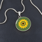 Summer Sunflower on dill green background disc Necklace, Personalized Engraved Circle Necklace. Polished surgical steel or with an 18k gold finish option. Necklace: 18-22" adjustable.
Circle Pendant: 0.9” x 0.9” (23.5mm x 23.5mm)
