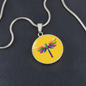 Colourful Dragonfly Graphic Personalised Engraved Disc Necklace on yellow butter background. Polished surgical steel or with an 18k gold finish option. Necklace: 18-22" adjustable.
Circle Pendant: 0.9” x 0.9” (23.5mm x 23.5mm)