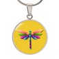 Colourful Dragonfly Graphic Personalised Engraved Disc Necklace on yellow butter background. Polished surgical steel or with an 18k gold finish option. Necklace: 18-22" adjustable.
Circle Pendant: 0.9” x 0.9” (23.5mm x 23.5mm)