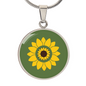 Summer Sunflower on dill green background disc Necklace, Personalized Engraved Circle Necklace. Polished surgical steel or with an 18k gold finish option. Necklace: 18-22" adjustable.
Circle Pendant: 0.9” x 0.9” (23.5mm x 23.5mm)