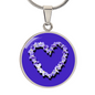 Violet Birth Flower February Graphic Epoxy Disc Necklace. Clear shiny epoxy shows purple and white violets in the shape of a heart on a Purple background. The jewellery is made of high quality surgical steel or with an 18k gold finish option with an option to engrave a short love you message or special date. Luxury Necklace: 18-22" (45-56cm) adjustable
Circle Pendant: 0.9” x 0.9” (23.5mm x 23.5mm)