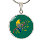 Colourful Bird Personalized Engraved Circle Necklace on emerald green background. Polished surgical steel or with an 18k gold finish option. Necklace: 18-22" adjustable.
Circle Pendant: 0.9” x 0.9” (23.5mm x 23.5mm)