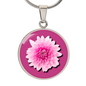 Chrysanthemums Birth Flower November Graphic Epoxy Disc Necklace. Clear shiny epoxy shows a two tone light pink petal flower on a darker pink background. The jewellery is made of high quality surgical steel or with an 18k gold finish option with an option to engrave a short love you message or special date. Luxury Necklace: 18-22" (45-56cm) adjustable
Circle Pendant: 0.9” x 0.9” (23.5mm x 23.5mm)