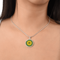 Summer Sunflower on dill green background disc Necklace, Personalized Engraved Circle Necklace. Polished surgical steel or with an 18k gold finish option. Necklace: 18-22" adjustable.
Circle Pendant: 0.9” x 0.9” (23.5mm x 23.5mm)