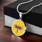 Colourful Dragonfly Graphic Personalised Engraved Disc Necklace on yellow butter background. Polished surgical steel or with an 18k gold finish option. Necklace: 18-22" adjustable.
Circle Pendant: 0.9” x 0.9” (23.5mm x 23.5mm)