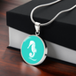 Dainty Sea Horse Circle Necklace, Turquoise Personalized Engraved Circle Necklace. Polished surgical steel or with an 18k gold finish option. Necklace: 18-22" adjustable.
Circle Pendant: 0.9” x 0.9” (23.5mm x 23.5mm)