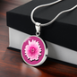 Chrysanthemums Birth Flower November Graphic Epoxy Disc Necklace. Clear shiny epoxy shows a two tone light pink petal flower on a darker pink background. The jewellery is made of high quality surgical steel or with an 18k gold finish option with an option to engrave a short love you message or special date. Luxury Necklace: 18-22" (45-56cm) adjustable
Circle Pendant: 0.9” x 0.9” (23.5mm x 23.5mm)