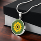 Summer Sunflower on dill green background disc Necklace, Personalized Engraved Circle Necklace. Polished surgical steel or with an 18k gold finish option. Necklace: 18-22" adjustable.
Circle Pendant: 0.9” x 0.9” (23.5mm x 23.5mm)
