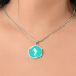 Dainty Sea Horse Circle Necklace, Turquoise Personalized Engraved Circle Necklace. Polished surgical steel or with an 18k gold finish option. Necklace: 18-22" adjustable.
Circle Pendant: 0.9” x 0.9” (23.5mm x 23.5mm)