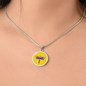Colourful Dragonfly Graphic Personalised Engraved Disc Necklace on yellow butter background. Polished surgical steel or with an 18k gold finish option. Necklace: 18-22" adjustable.
Circle Pendant: 0.9” x 0.9” (23.5mm x 23.5mm)