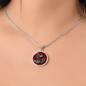 Holly Birth Flower December Graphic Epoxy Disc Necklace. Clear shiny epoxy shows a red berry on green spikey leaf with a darker red background. The jewellery is made of high quality surgical steel or with an 18k gold finish option with an option to engrave a short love you message or special date. Luxury Necklace: 18-22" (45-56cm) adjustable
Circle Pendant: 0.9” x 0.9” (23.5mm x 23.5mm)
