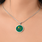 Colourful Bird Personalized Engraved Circle Necklace on emerald green background. Polished surgical steel or with an 18k gold finish option. Necklace: 18-22" adjustable.
Circle Pendant: 0.9” x 0.9” (23.5mm x 23.5mm)