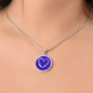 Violet Birth Flower February Graphic Epoxy Disc Necklace. Clear shiny epoxy shows purple and white violets in the shape of a heart on a Purple background. The jewellery is made of high quality surgical steel or with an 18k gold finish option with an option to engrave a short love you message or special date. Luxury Necklace: 18-22" (45-56cm) adjustable
Circle Pendant: 0.9” x 0.9” (23.5mm x 23.5mm)