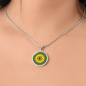 Summer Sunflower on dill green background disc Necklace, Personalized Engraved Circle Necklace. Polished surgical steel or with an 18k gold finish option. Necklace: 18-22" adjustable.
Circle Pendant: 0.9” x 0.9” (23.5mm x 23.5mm)