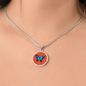 Stunning Blue Butterfly Personalised Engraved Circle Necklace on terracotta orange background. Polished surgical steel or with an 18k gold finish option. Necklace: 18-22" adjustable.
Circle Pendant: 0.9” x 0.9” (23.5mm x 23.5mm)