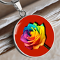Rainbow Rose Graphic Necklace. A rainbow rose symbolises joy, diversity, and hope. Because of its vibrant mix of colours, it represents happiness, positivity, and inclusivity. Our patent-pending jewellery is made of high quality surgical steel or with an 18k gold finish option. Perfect Gift For:
Birthdays & Anniversaries
Pride Celebrations
Mother’s Day & Valentine’s Day
Someone who brightens your life!