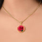 Rose Birth Flower June Graphic Epoxy Disc Necklace. Clear shiny epoxy shows a red petal flower and green stem on a pink background. The jewellery is made of high quality surgical steel or with an 18k gold finish option with an option to engrave a short love you message or special date. Luxury Necklace: 18-22" (45-56cm) adjustable
Circle Pendant: 0.9” x 0.9” (23.5mm x 23.5mm)