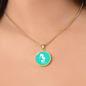Dainty Sea Horse Circle Necklace, Turquoise Personalized Engraved Circle Necklace. Polished surgical steel or with an 18k gold finish option. Necklace: 18-22" adjustable.
Circle Pendant: 0.9” x 0.9” (23.5mm x 23.5mm)