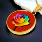 Rainbow Rose Graphic Necklace. A rainbow rose symbolises joy, diversity, and hope. Because of its vibrant mix of colours, it represents happiness, positivity, and inclusivity. Our patent-pending jewellery is made of high quality surgical steel or with an 18k gold finish option. Perfect Gift For:
Birthdays & Anniversaries
Pride Celebrations
Mother’s Day & Valentine’s Day
Someone who brightens your life!