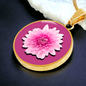 Chrysanthemums Birth Flower November Graphic Epoxy Disc Necklace. Clear shiny epoxy shows a two tone light pink petal flower on a darker pink background. The jewellery is made of high quality surgical steel or with an 18k gold finish option with an option to engrave a short love you message or special date. Luxury Necklace: 18-22" (45-56cm) adjustable
Circle Pendant: 0.9” x 0.9” (23.5mm x 23.5mm)