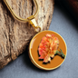 Carnation Birth Flower January Graphic Epoxy Disc Necklace. Clear shiny epoxy shows an orange flower on a green stalk with a darker orange background. The jewellery is made of high quality surgical steel or with an 18k gold finish option with an option to engrave a short love you message or special date. Luxury Necklace: 18-22" (45-56cm) adjustable
Circle Pendant: 0.9” x 0.9” (23.5mm x 23.5mm)