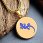 Electric Blue Gecko Graphic Personalised Engraved Disc Necklace on light caramel background. Polished surgical steel or with an 18k gold finish option. Necklace: 18-22" adjustable.
Circle Pendant: 0.9” x 0.9” (23.5mm x 23.5mm)
