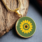Summer Sunflower on dill green background disc Necklace, Personalized Engraved Circle Necklace. Polished surgical steel or with an 18k gold finish option. Necklace: 18-22" adjustable.
Circle Pendant: 0.9” x 0.9” (23.5mm x 23.5mm)