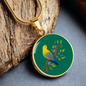 Colourful Bird Personalized Engraved Circle Necklace on emerald green background. Polished surgical steel or with an 18k gold finish option. Necklace: 18-22" adjustable.
Circle Pendant: 0.9” x 0.9” (23.5mm x 23.5mm)