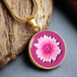 Chrysanthemums Birth Flower November Graphic Epoxy Disc Necklace. Clear shiny epoxy shows a two tone light pink petal flower on a darker pink background. The jewellery is made of high quality surgical steel or with an 18k gold finish option with an option to engrave a short love you message or special date. Luxury Necklace: 18-22" (45-56cm) adjustable
Circle Pendant: 0.9” x 0.9” (23.5mm x 23.5mm)