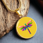 Colourful Dragonfly Graphic Personalised Engraved Disc Necklace on yellow butter background. Polished surgical steel or with an 18k gold finish option. Necklace: 18-22" adjustable.
Circle Pendant: 0.9” x 0.9” (23.5mm x 23.5mm)