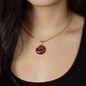 Holly Birth Flower December Graphic Epoxy Disc Necklace. Clear shiny epoxy shows a red berry on green spikey leaf with a darker red background. The jewellery is made of high quality surgical steel or with an 18k gold finish option with an option to engrave a short love you message or special date. Luxury Necklace: 18-22" (45-56cm) adjustable
Circle Pendant: 0.9” x 0.9” (23.5mm x 23.5mm)