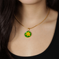Daffodil Birth Flower March Graphic Epoxy Disc Necklace. Clear shiny epoxy shows a yellow petal flower on a green background. The jewellery is made of high quality surgical steel or with an 18k gold finish option with an option to engrave a short love you message or special date. Luxury Necklace: 18-22" (45-56cm) adjustable
Circle Pendant: 0.9” x 0.9” (23.5mm x 23.5mm)