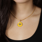 Colourful Dragonfly Graphic Personalised Engraved Disc Necklace on yellow butter background. Polished surgical steel or with an 18k gold finish option. Necklace: 18-22" adjustable.
Circle Pendant: 0.9” x 0.9” (23.5mm x 23.5mm)