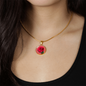 Rose Birth Flower June Graphic Epoxy Disc Necklace. Clear shiny epoxy shows a red petal flower and green stem on a pink background. The jewellery is made of high quality surgical steel or with an 18k gold finish option with an option to engrave a short love you message or special date. Luxury Necklace: 18-22" (45-56cm) adjustable
Circle Pendant: 0.9” x 0.9” (23.5mm x 23.5mm)