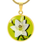 Lily Birth Flower May Graphic Epoxy Disc Necklace. Clear shiny epoxy shows a white petal flower with green stem on a lime green background. The jewellery is made of high quality surgical steel or with an 18k gold finish option with an option to engrave a short love you message or special date. Luxury Necklace: 18-22" (45-56cm) adjustable
Circle Pendant: 0.9” x 0.9” (23.5mm x 23.5mm)