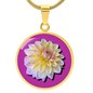 Aster Birth Flower September Graphic Epoxy Disc Necklace. Clear shiny epoxy shows a light yellow petal flower on a lighter pink background. The jewellery is made of high quality surgical steel or with an 18k gold finish option with an option to engrave a short love you message or special date. Luxury Necklace: 18-22" (45-56cm) adjustable
Circle Pendant: 0.9” x 0.9” (23.5mm x 23.5mm)
